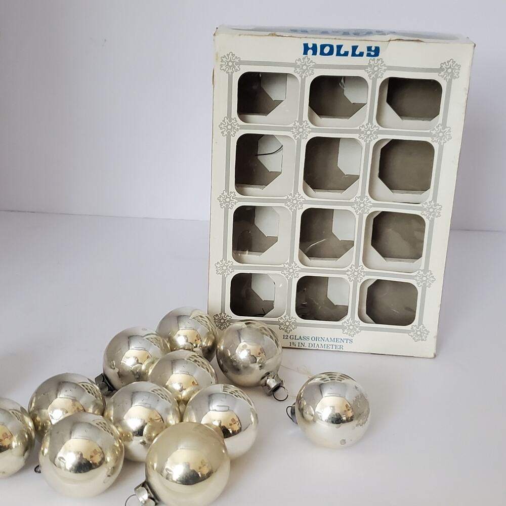 Vintage Silver Color Holly Mercury Glass Christmas Ornaments **Flaws 12 Count
